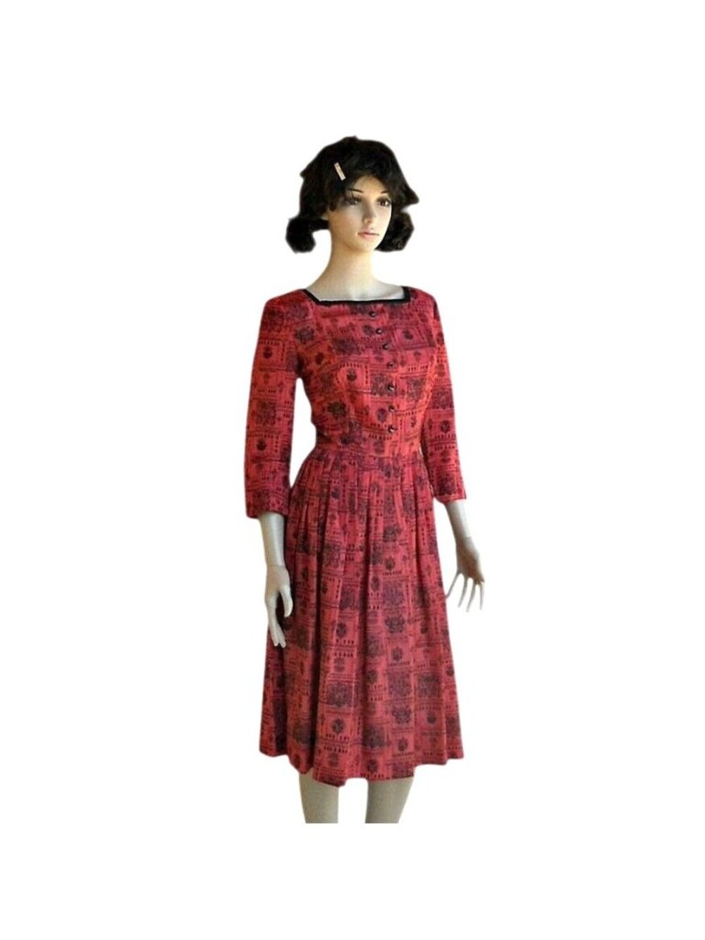 Vintage 50s Pink Red Dress S Taffeta Romantic Fit and Flare 27" waist